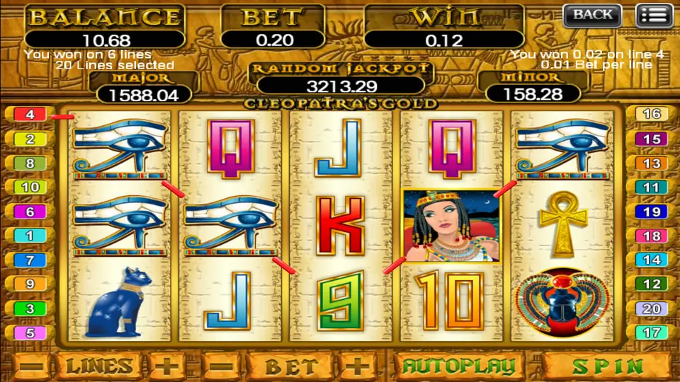 A six-line win of 0.12 on Cleopatra's Gold with red payline markers through Eye of Horus symbols and Cleopatra