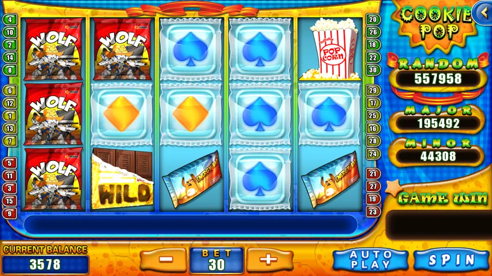 Cookie Pop on 918Kiss with stacked Wolf crisp packets on reel 1, ice-cube suit symbols, popcorn and a chocolate WILD