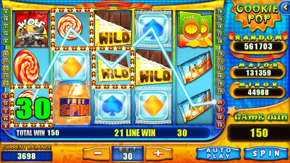The same Cookie Pop spin showing line 21 paying 30 credits, with the Game Win box at 150