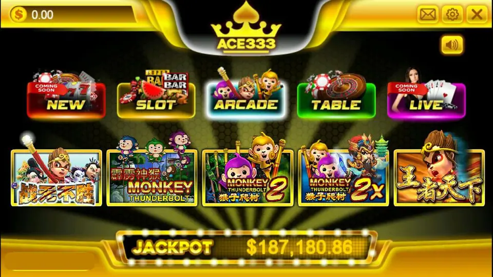 Later ACE333 lobby with New and Live marked Coming Soon, Slot, Arcade and Table buttons, Monkey Thunderbolt tiles and a jackpot of 187,180.86