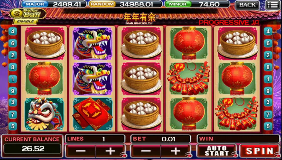 Steamed buns stacked on reel 3 of Nian Nian You Yu with 1 line and a 0.01 bet