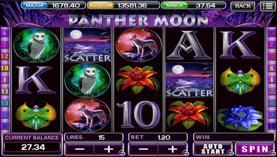 Panther Moon reels on ACE333 with two moon Scatters, owls, a wolf and flowers, 15 lines selected