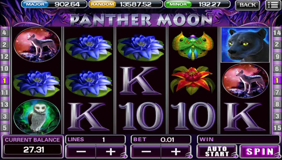 Panther Moon with the black panther landing at the top of reel 5 next to a moth, flowers and card ranks