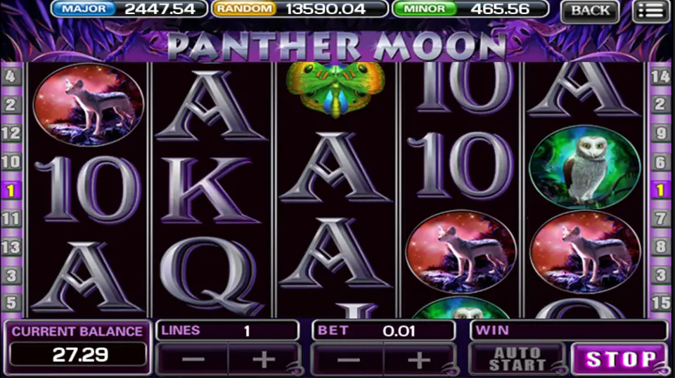 Owls and wolves scattered across the Panther Moon reels on a 1-line, 0.01 bet