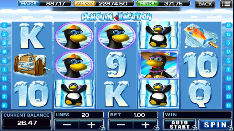 Penguin Vacation on ACE333 with penguins in caps, a lady penguin in a sunhat, a suitcase and snowy card ranks, 20 lines at 1.00