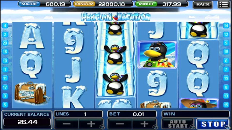 Penguin Vacation with the ice-slide penguin stacked on reel 3 and a Hawaiian-shirt penguin on reel 4
