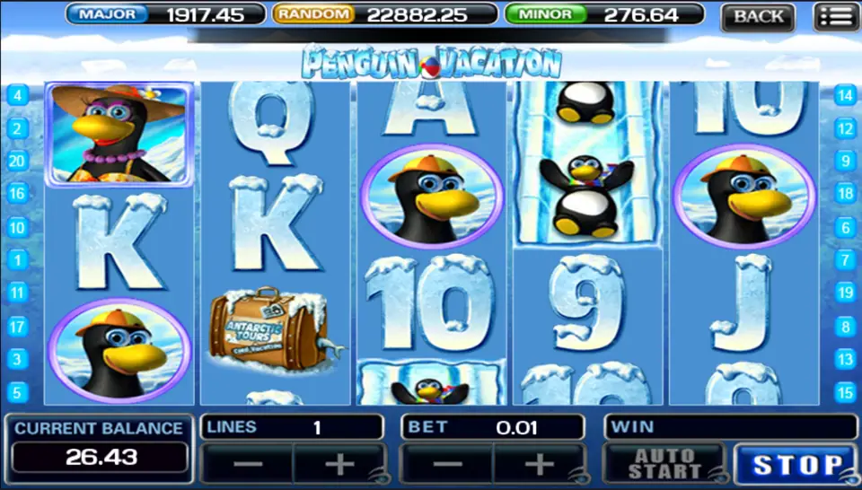 Penguin Vacation spin on 1 line showing the cap penguin on reels 1, 3 and 5 and the lady penguin on reel 1