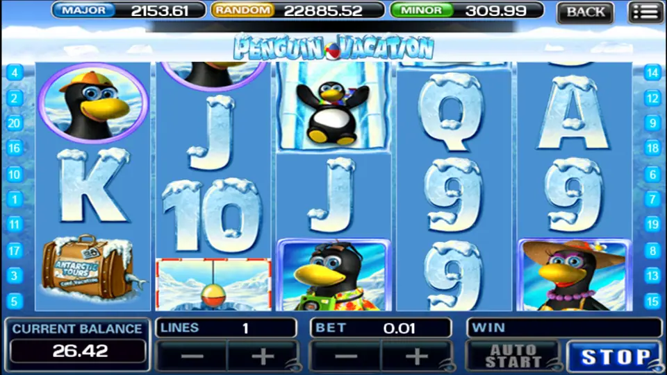 Two ice-fishing hole symbols on reels 1 and 3 of Penguin Vacation next to a tourist penguin