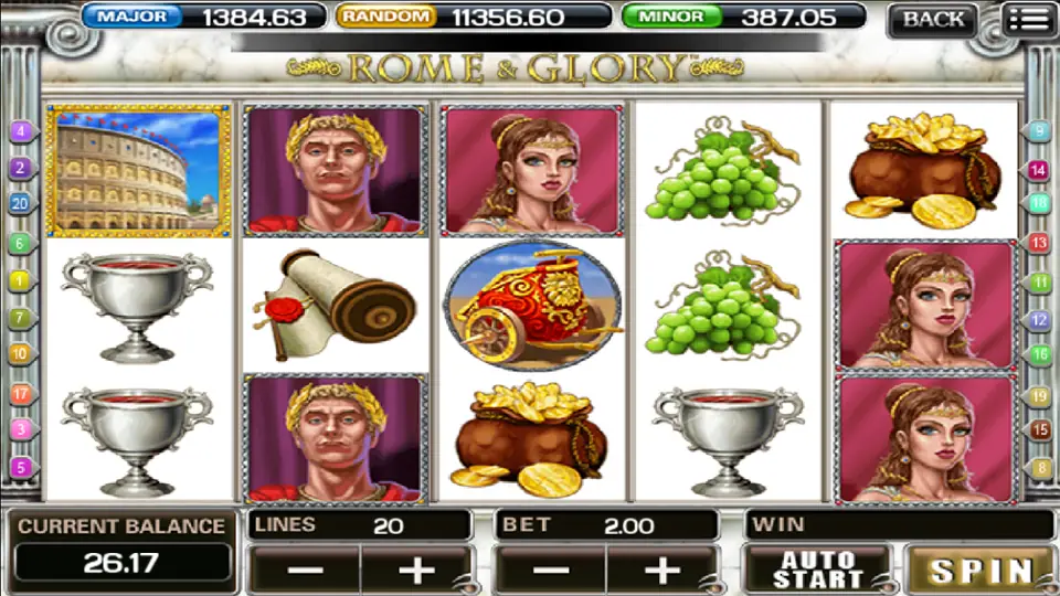 Rome & Glory reels on ACE333 with Caesar, the empress, the Colosseum, a chariot and silver goblets, 20 lines at 2.00
