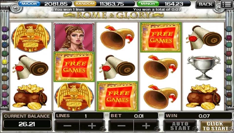 Three red Free Games banners on reels 2, 3 and 4 of Rome & Glory, with the Click to Start button showing