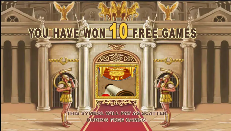 Rome & Glory free games intro: You have won 10 free games, with a symbol spinning in the frame