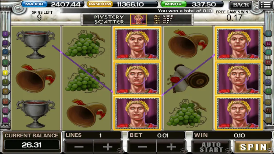 Free games in Rome & Glory with Caesar as the mystery Scatter, stacked on reels 3 and 5, 9 spins left