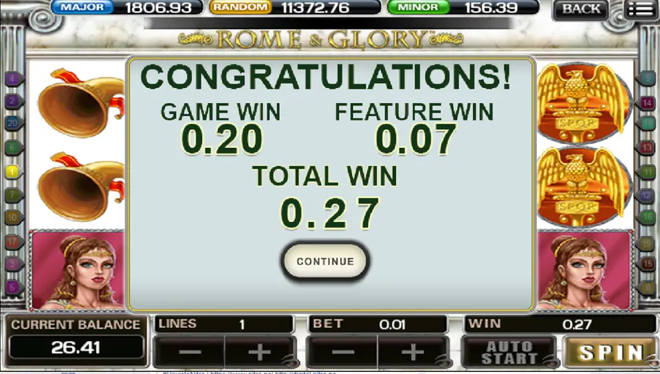 Rome & Glory Congratulations screen showing Game Win 0.20, Feature Win 0.07 and Total Win 0.27