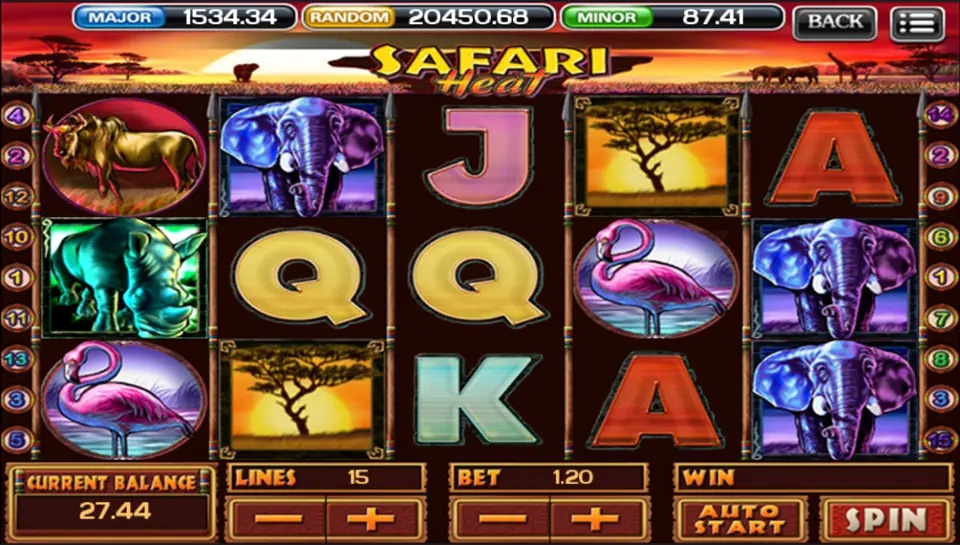 Safari Heat reels on ACE333 with a wildebeest, elephant, rhino, flamingo and acacia tree, 15 lines at a 1.20 bet