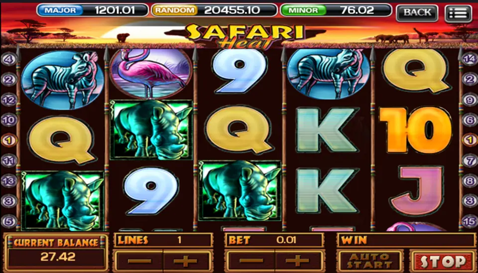 Rhinos on reels 1, 2 and 3 of Safari Heat during a 1-line test spin