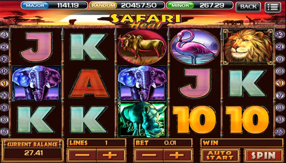 Safari Heat spin with the lion on reel 5, an elephant on reels 1 and 3 and a flamingo on reel 4