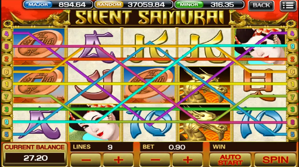Silent Samurai on ACE333 with all nine paylines drawn across the reels, 9 lines at a 0.90 bet