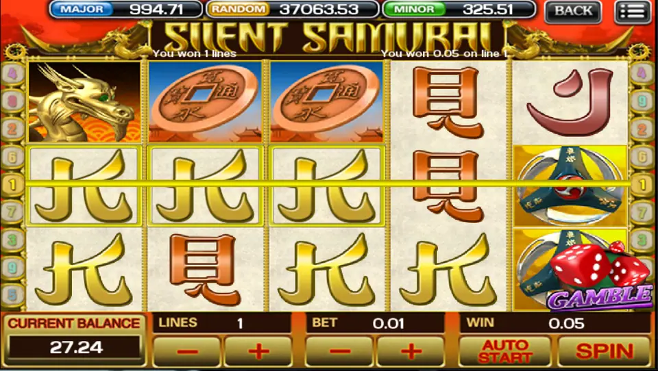 A 0.05 line win on Silent Samurai with three Ks on line 1 and the red Gamble dice button on reel 5
