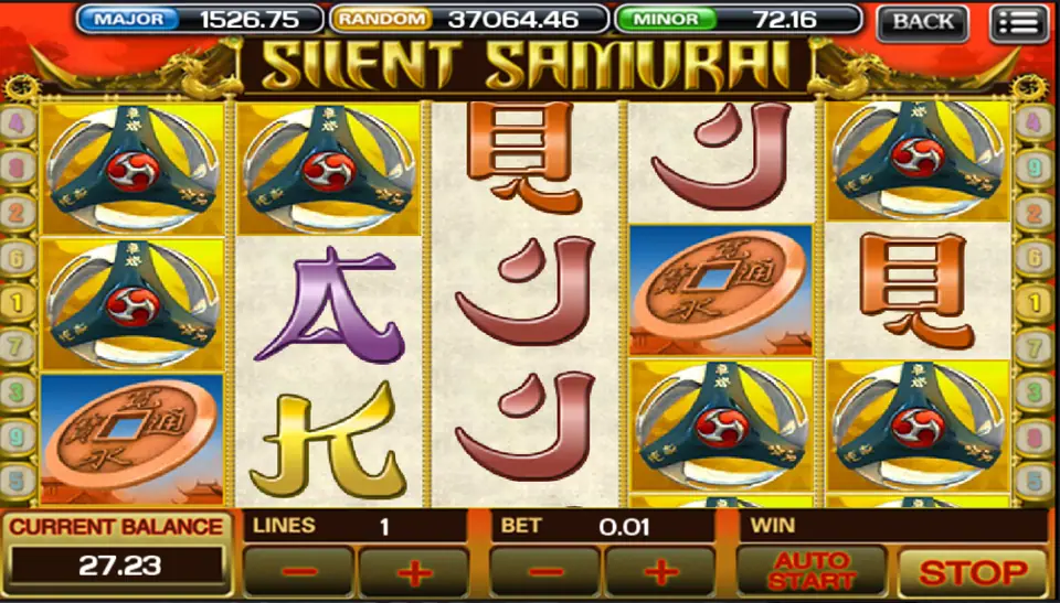 Silent Samurai with the black-and-gold war hat stacked on reels 1, 2 and 5