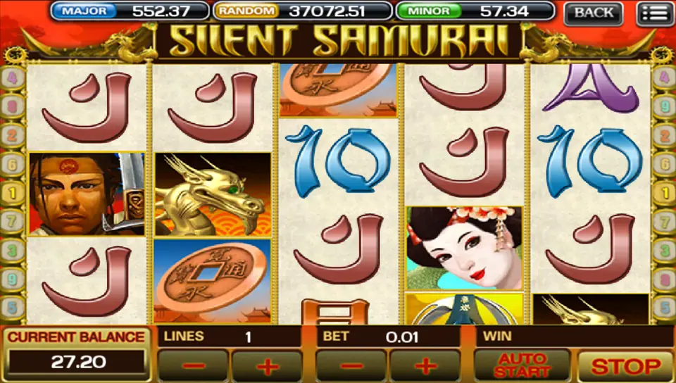 A Silent Samurai spin showing the samurai on reel 1, the dragon and the geisha