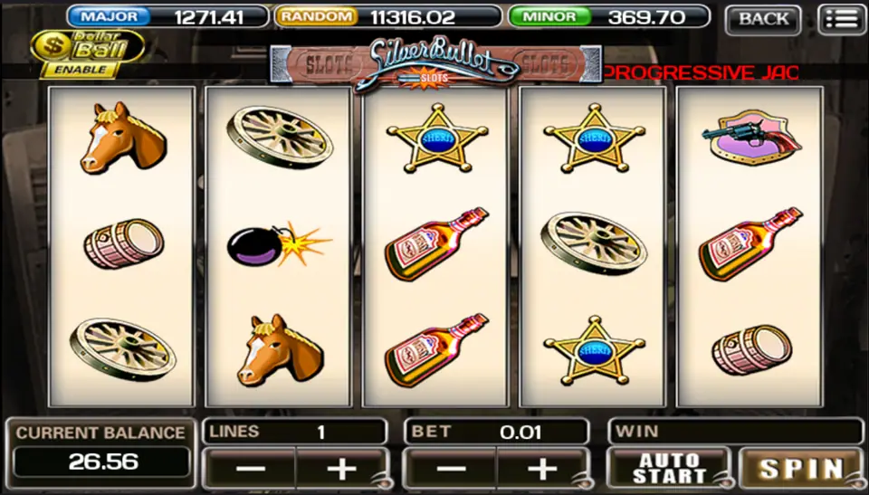 Silver Bullet reels on ACE333 with a horse head, wagon wheels, sheriff stars, whisky bottles and a revolver badge