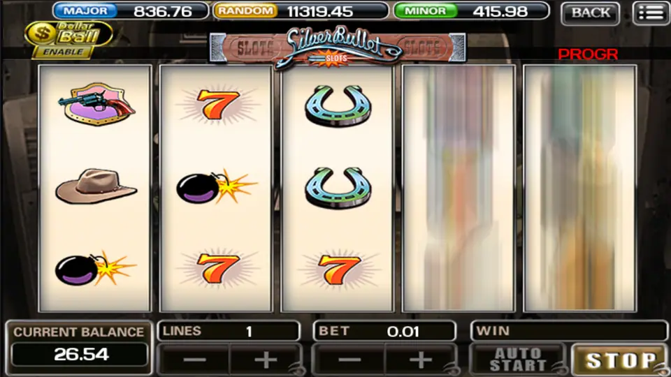 Silver Bullet on ACE333 with red 7s on reels 2 and 3, horseshoes on reel 3 and a revolver badge on reel 1