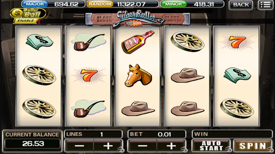 A Silver Bullet spin with a pipe, cash bundles, a horse head and cowboy hats