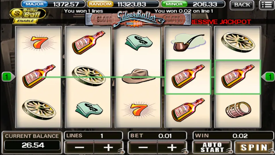 A 0.02 line win on Silver Bullet with whisky bottles on reels 4 and 5 boxed in green along line 1