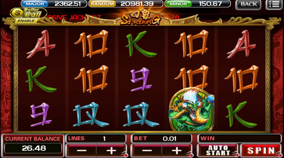 A plain Si Xiang spin with orange 10s and the dragon on reel 4