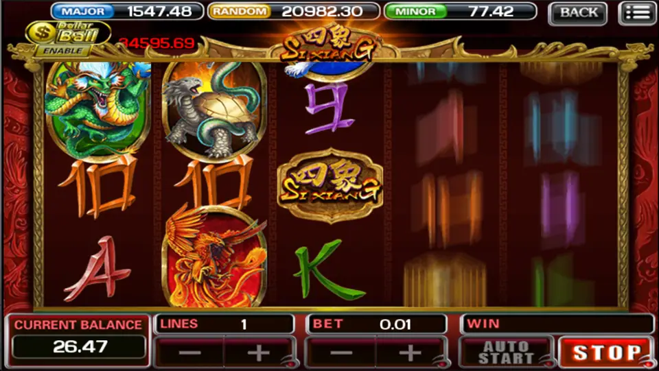Si Xiang with the tortoise, dragon and vermilion bird on reels 1 and 2 and a gold logo on reel 3