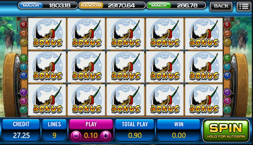 Three Kingdom on ACE333 with every reel position showing the helmet Bonus symbol, 9 lines at 0.10 per line