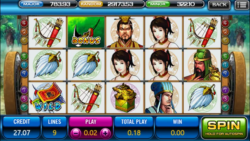 Three Kingdom on ACE333 with the flag Wild on reel 1, a Bonus helmet on reel 2 and the crowned lord, the lady and Guan Yu