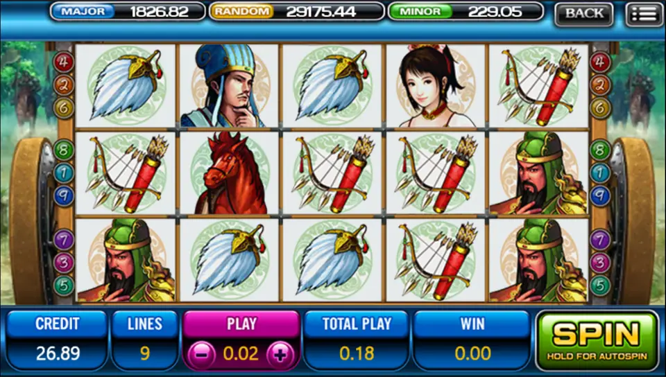 Guan Yu stacked on reels 1 and 5 and bows across the middle row of Three Kingdom