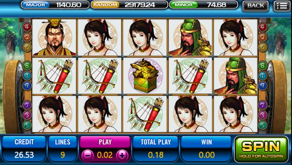 A Three Kingdom spin with the gold seal on reel 3 and the lady on reels 2, 3, 4 and 5