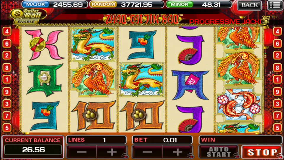 Zhao Cai Jin Bao on ACE333 with a dragon, phoenixes, koi and decorated card ranks, 1 line at 0.01