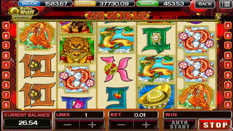 Zhao Cai Jin Bao with the golden lion on reel 2, the gold ingot on reel 4 and koi on reel 5