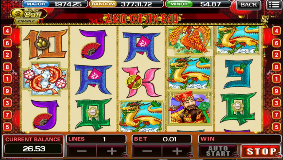 The God of Wealth Wild landing on reel 4 of Zhao Cai Jin Bao, with dragons on reels 4 and 5