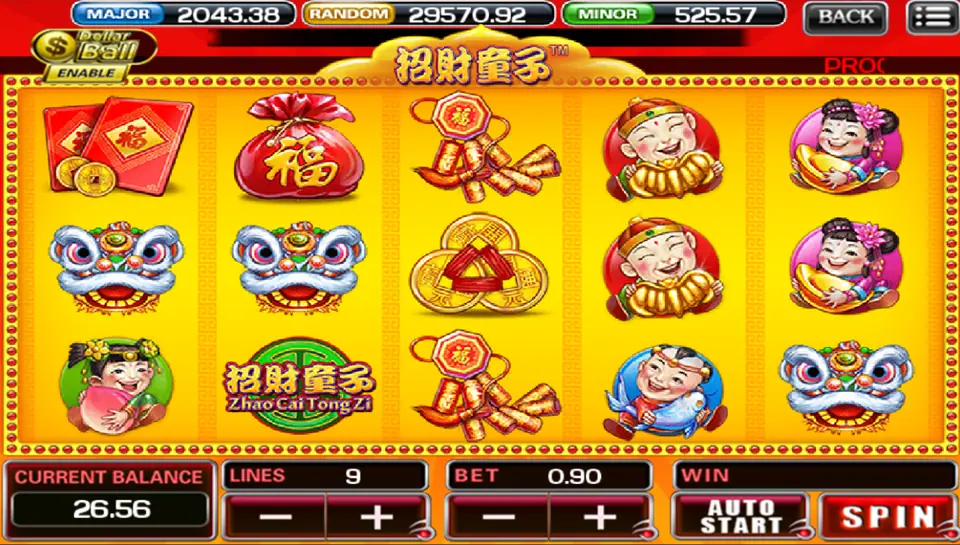 Zhao Cai Tong Zi on ACE333 with red packets, a fu bag, lion dance heads, firecrackers and the fortune children, 9 lines at 0.90