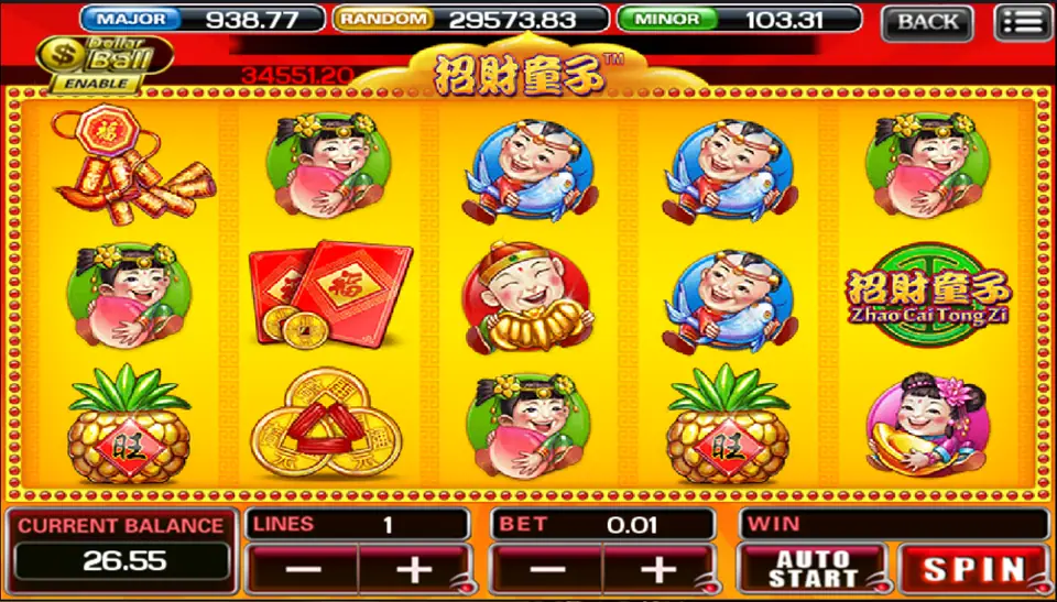 Zhao Cai Tong Zi with the fish boy on reels 3 and 4 and the green logo coin on reel 5