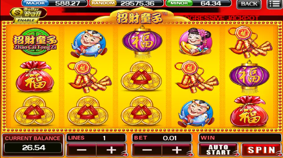 Zhao Cai Tong Zi with gold coin knots on reels 1 to 3 and a purple 福 lantern on reel 5
