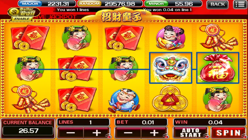 A 0.04 line win on Zhao Cai Tong Zi with the lion dance head and fu bag boxed on reels 4 and 5