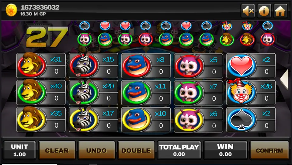 Animal Party betting board on Joker123 with lion, zebra, penguin and owl boxes in red, green and yellow, countdown showing 27