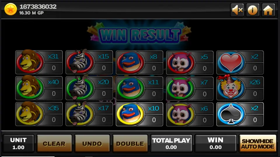 Win Result screen in Animal Party with the yellow penguin x10 box highlighted