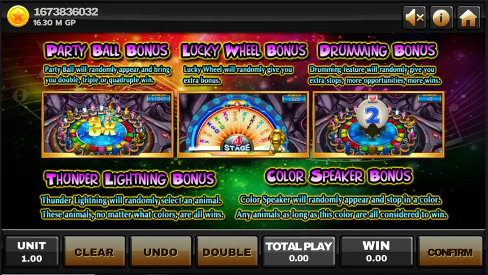 Animal Party bonus page listing Party Ball, Lucky Wheel, Drumming, Thunder Lightning and Color Speaker bonuses