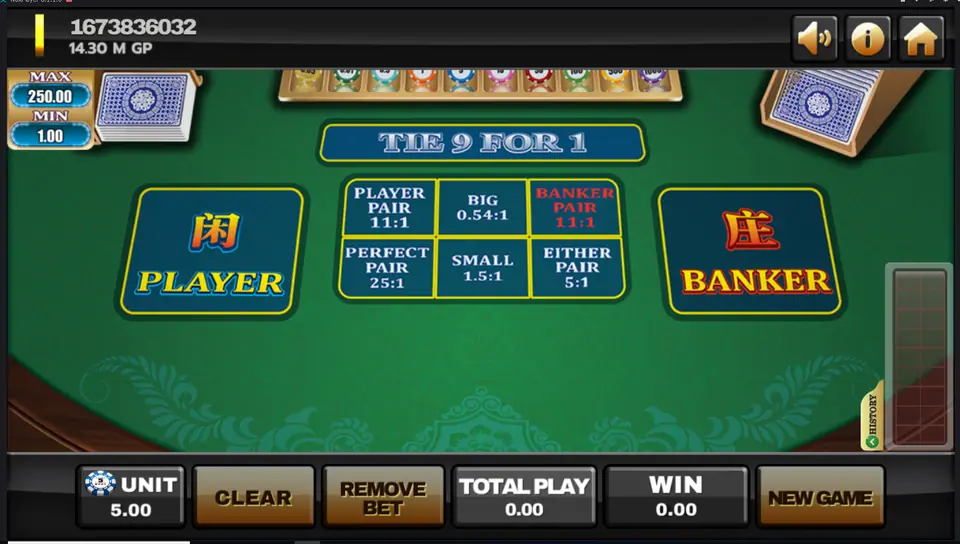Joker123 Baccarat table with Player and Banker boxes and the side-bet grid showing Pair, Big and Small odds
