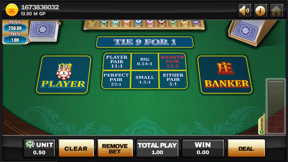 A 1.00 chip on the Player box and the Deal button lit up