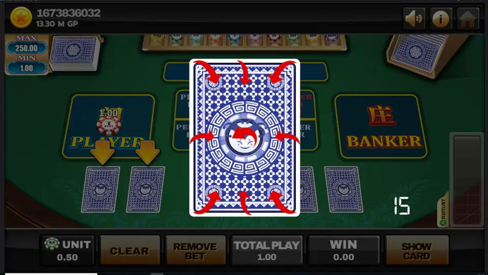 Card squeeze screen in Joker123 Baccarat with arrows around a face-down card