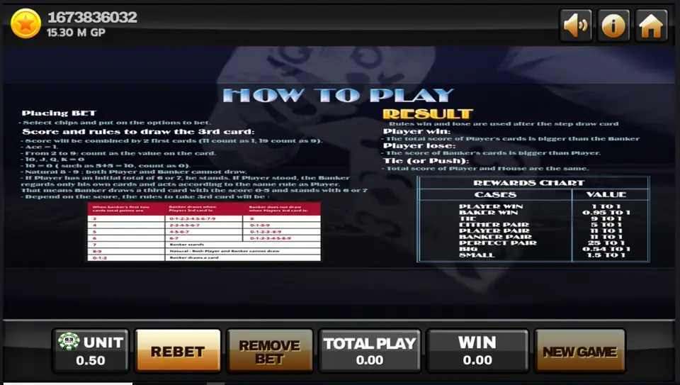 How to Play page listing baccarat drawing rules and a Rewards Chart