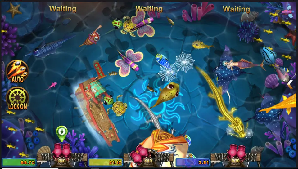 Da Sheng Nao Hai fish shooting screen with turtles, butterfly fish, a sunken ship and a golden dragon, cannons along the bottom edge