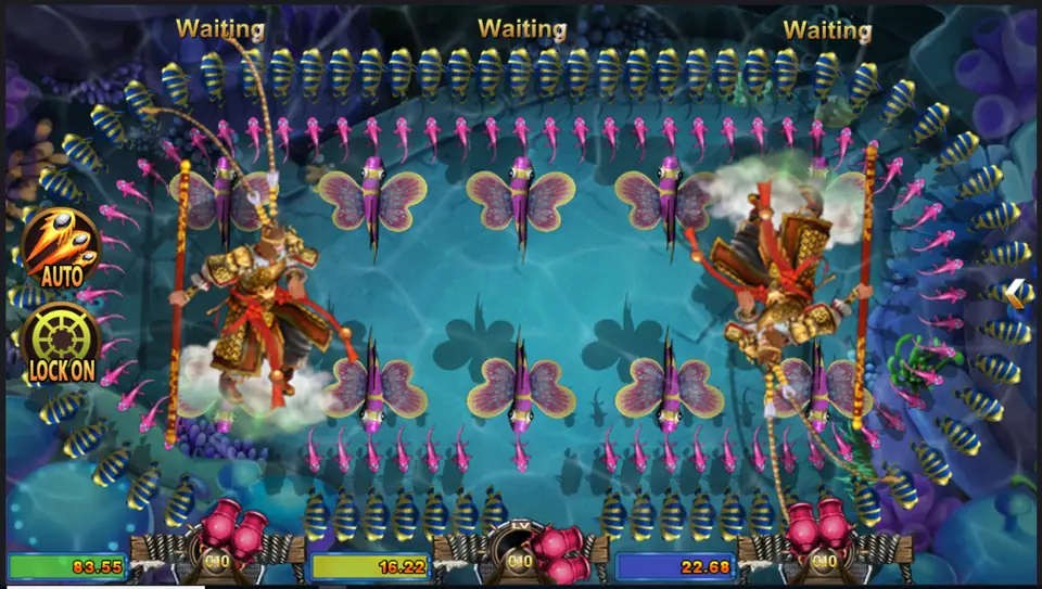 Two Monkey King bosses facing each other across a formation of butterfly fish and striped fish
